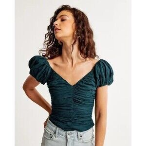 Abercrombie & Fitch Womens Top Drama Puff Sleeve Ruched Deep Blue Coquette Sz M